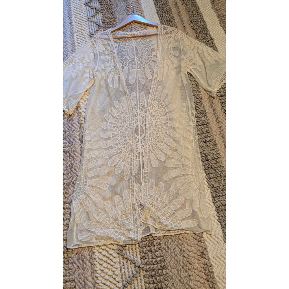 Rebellion Again Cream Lace Medallion Kimono Cardigan Small Boho Sheer Layering - Picture 5 of 9